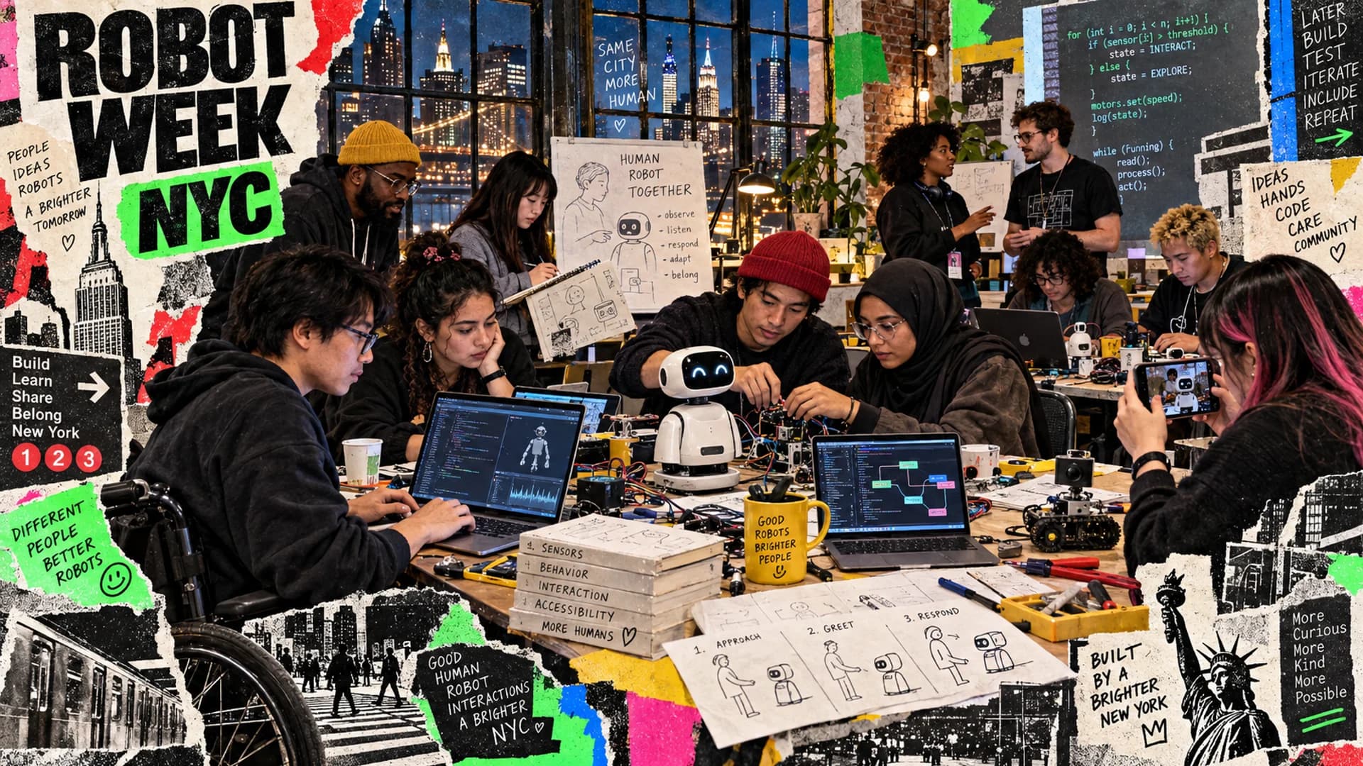 Urban poster collage of diverse hackathon teams writing code and prototyping interactions with small robots in New York