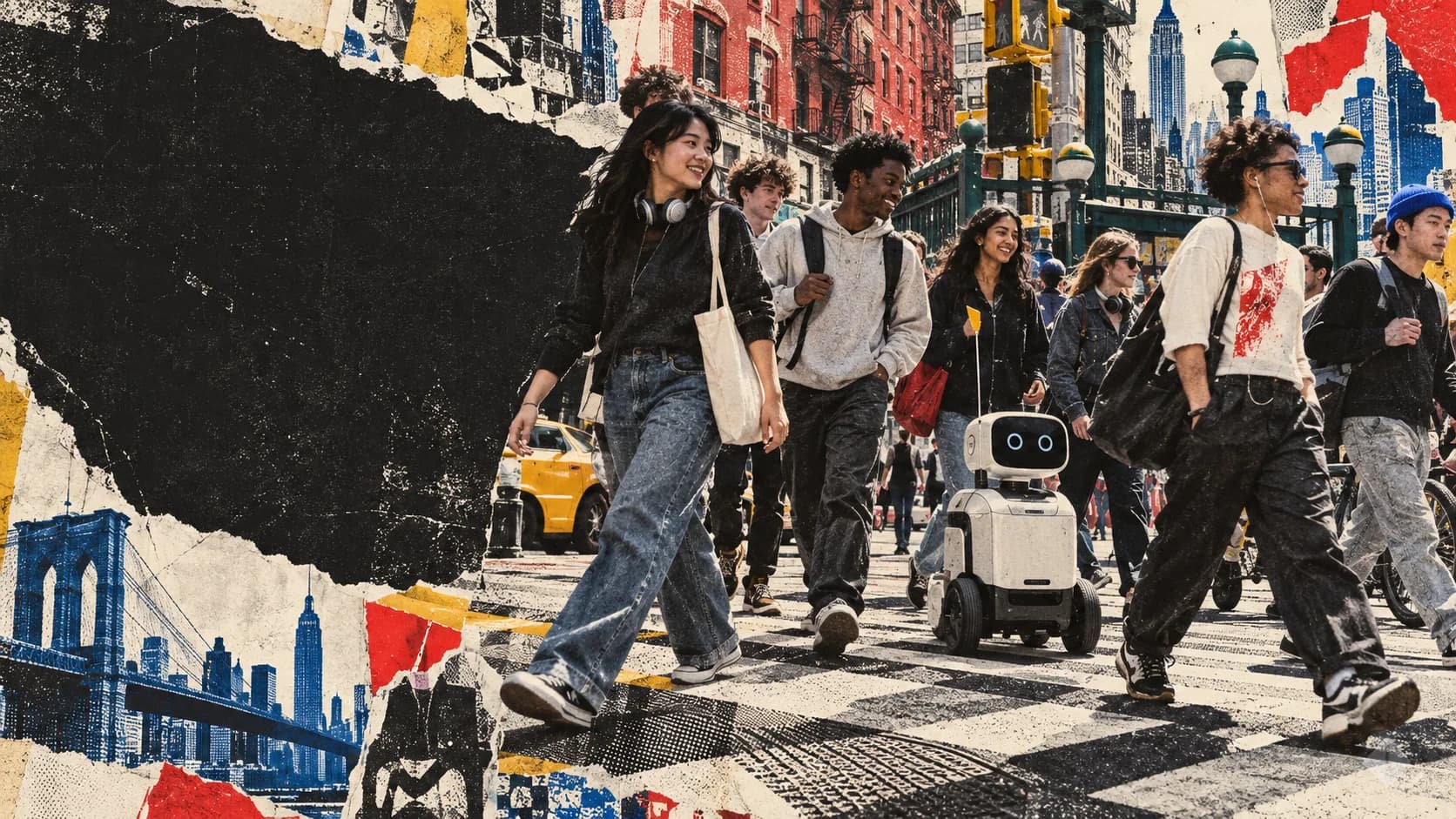 Students and a robot moving through New York City