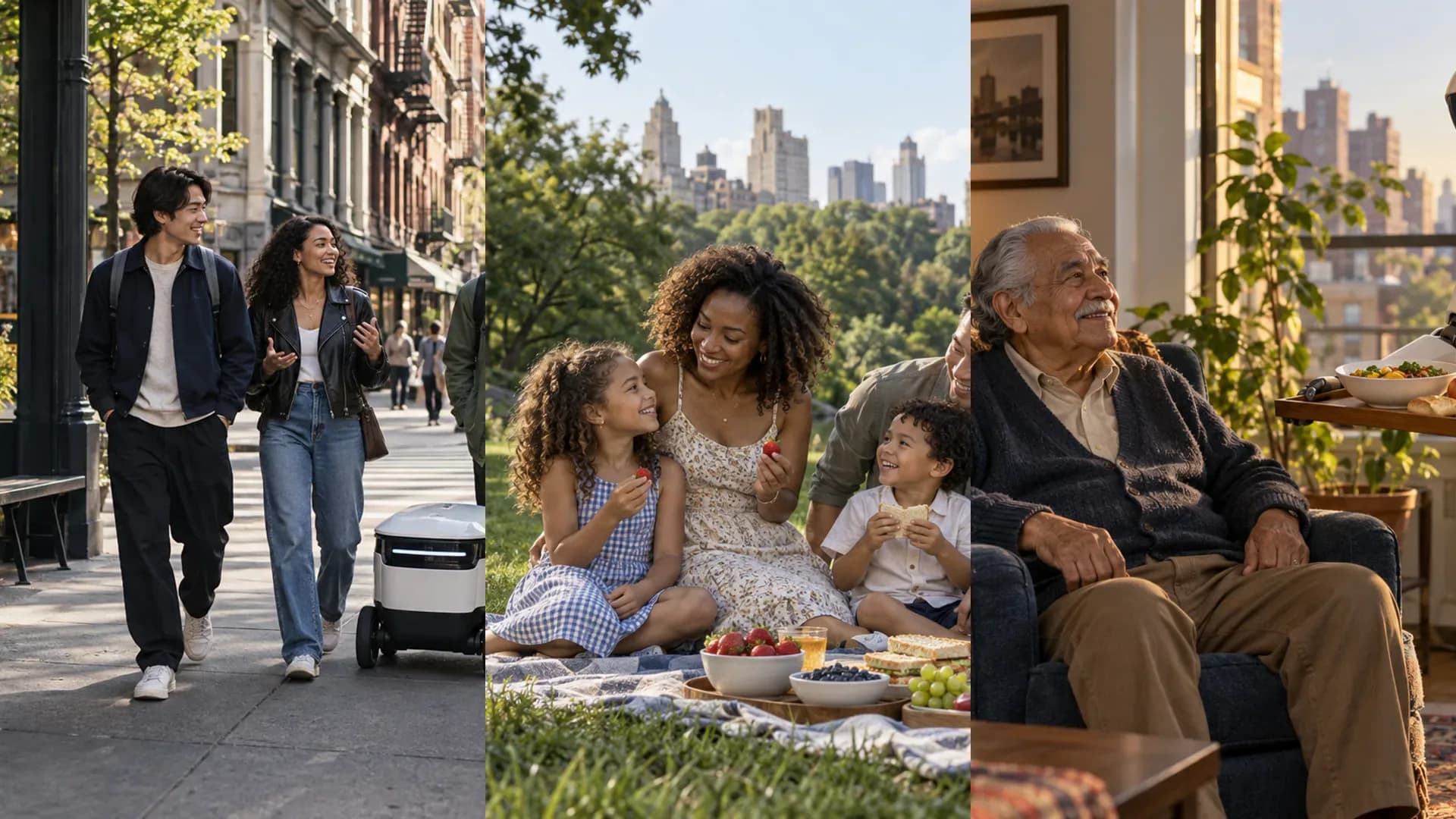 New Yorkers encountering robots on a city street, in Central Park and inside a home